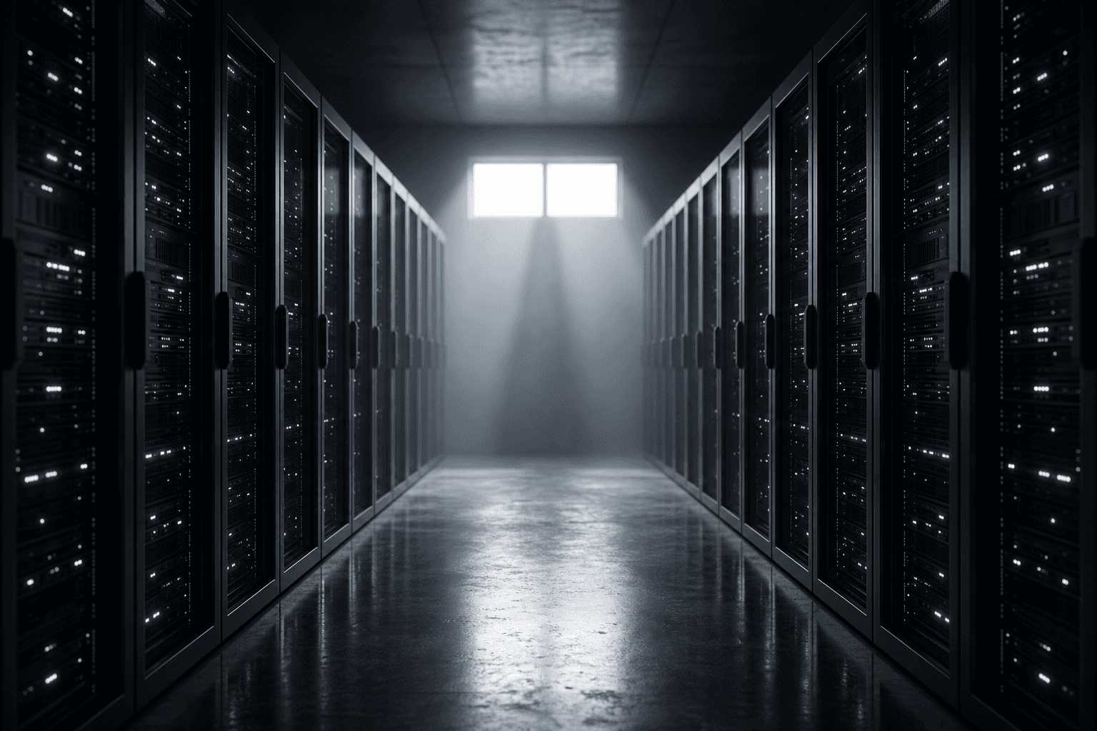 A secure data-center corridor lit with a cool shaft of neutral light
